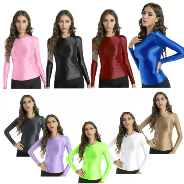 Women's Glossy Long Sleeve T-Shirt Seamless Yoga Shirts Compression Workout  Tops
