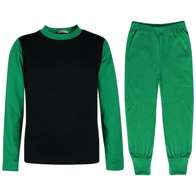 Bambine Ragazzi Pigiama Contrasto Colore Verde Tinta Unita Moda Set Età 2-13 Yrs