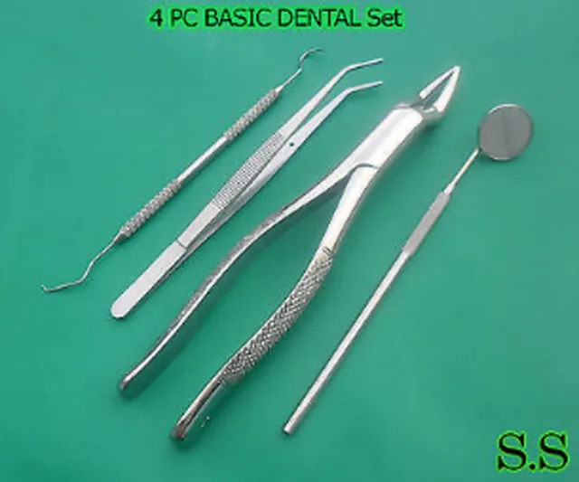 4 Pc Basic Dental Extracting Forceps  # 65 College Pliers Probe Mirror #5 Set