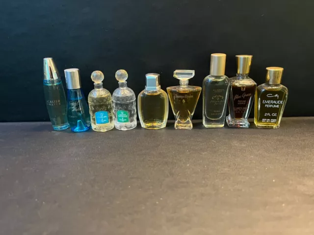 9 VTG FULL Miniature Perfume Bottles~ Champs-Elysees, Blue Grass