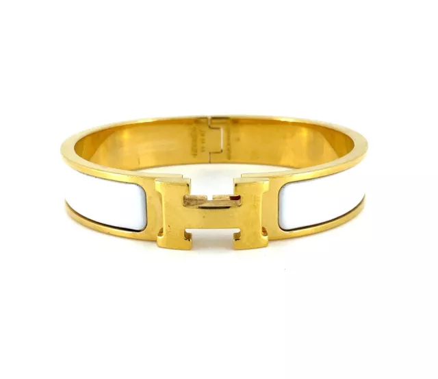 Hermes Paris Gold Tone White Enamel Clic Clac H Bangle Bracelet - Authentic