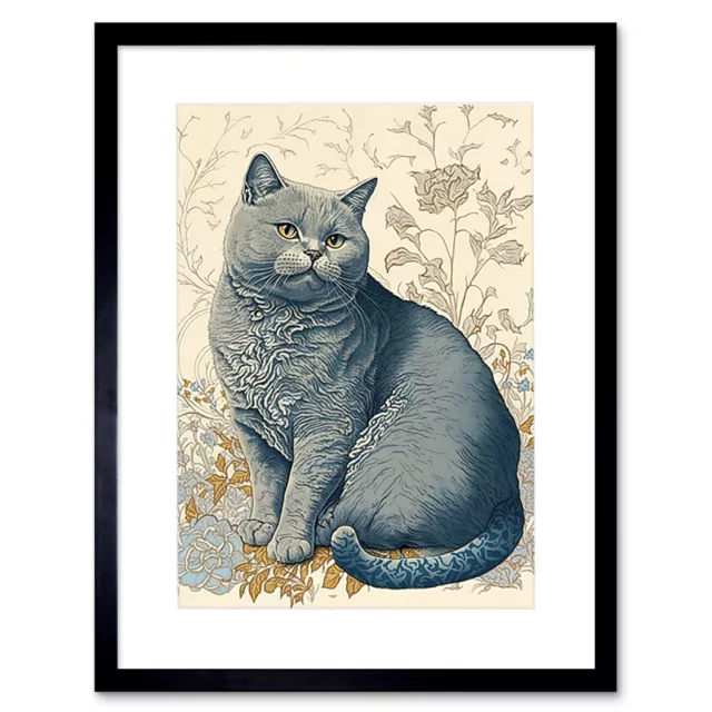William Morris Inspired Cat with Flowers Framed Wall Art Print Picture 12X16