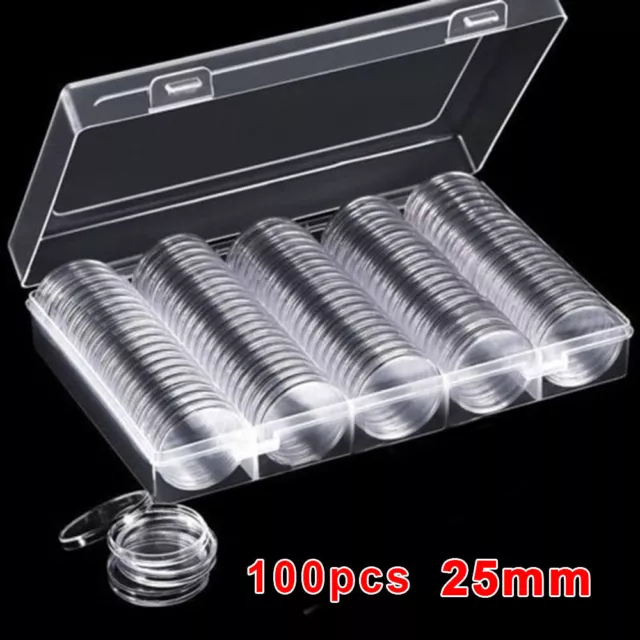 100Pcs 25mm Coin Cases Capsule Holder Applied Clear Plastic Round Storage Box
