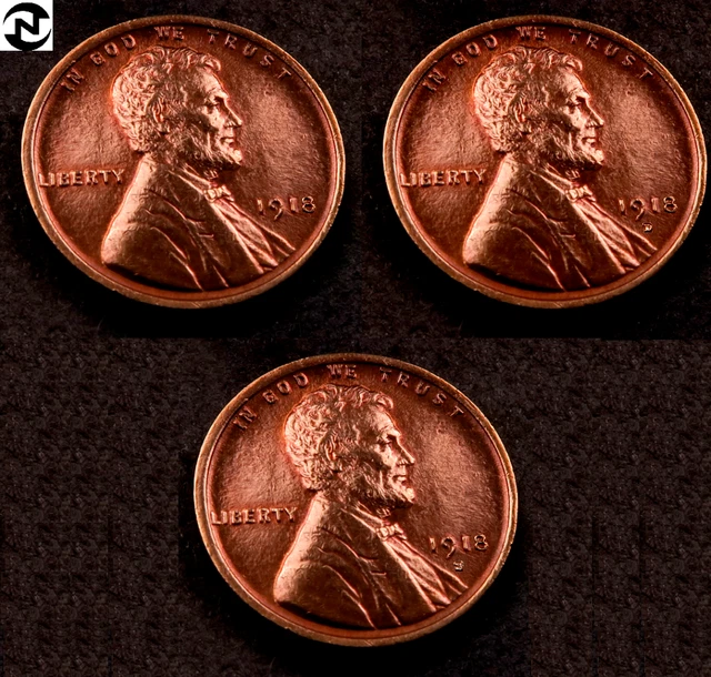 1918+1918-D+1918-S Lincoln Wheat Penny Cent Set/Lot ~ Gem BU (red) ~ 3 Coins