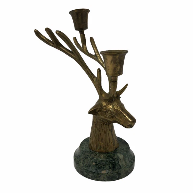 Brass Deer Buck Candle Holder on Marble Base Mid Century Modern Decor Man Cave
