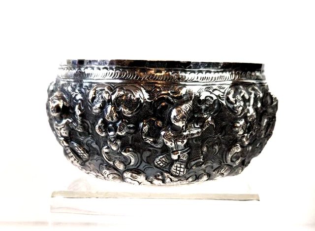 Antique 19th Century Handmade Burmese Thabeik Thai Repousse Solid Silver Bowl 2