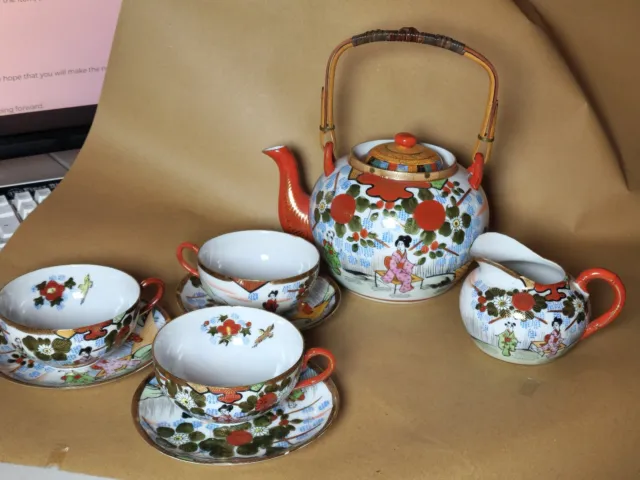 Vintage Tea Set Kutani Hand Painted Geisha Scene Marked Iron Red Gilt 9PC