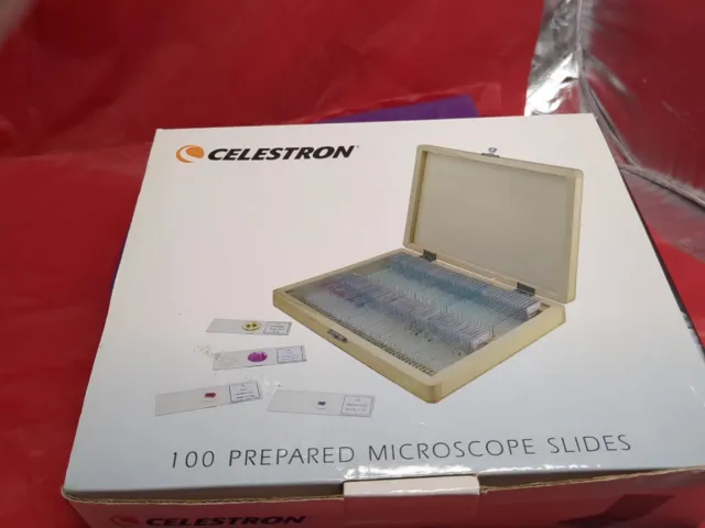 Celestron 44412 Prepared Microscope Slides (100-Piece Set) - New in Wooden Box