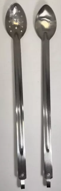 A Pair of 21.5” Stainless Steel Restaurant Spoons 1 Slotted 1 Solid Hooked End