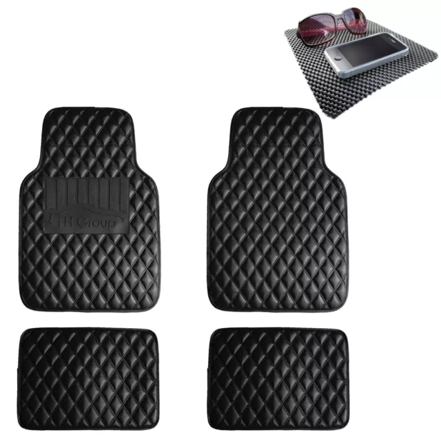 Universal Leather Floor Mats for Car Auto Diamond Pattern Black w/ Dash Mat