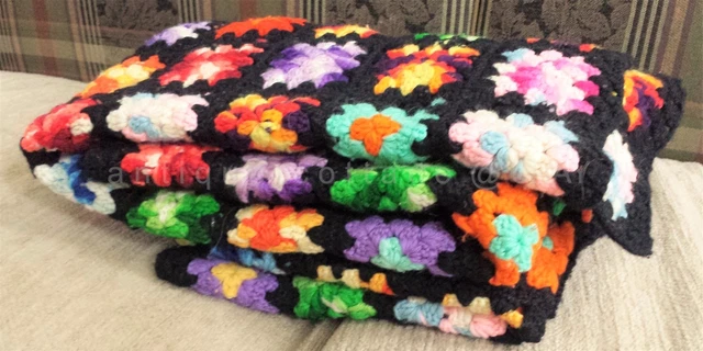 vintage GRANNY SQUARE black AFGHAN 56" x 43" Crochet Throw Blanket Handmade