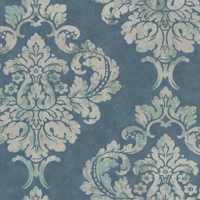 Wallpaper Traditional Large Damask on Blue Background, 60 Sq Foot Bolts