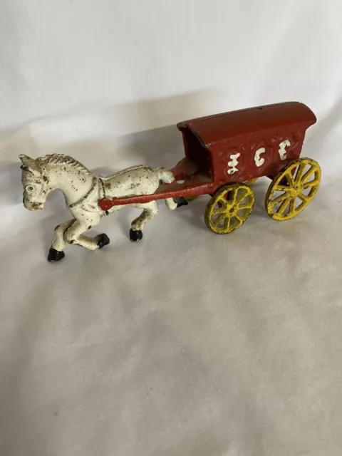 Antique Cast Iron Red Ice Wagon White Horse Drawn Cart Carriage Toy