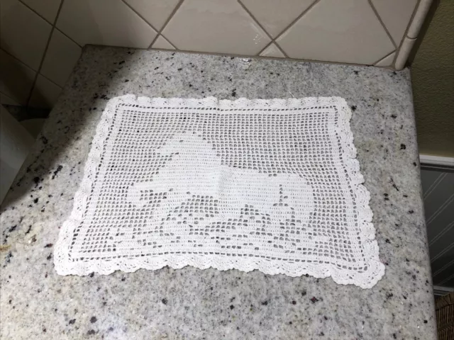 True Vintage Filet Crochet Lace Doily￼  White Cotton Horse Equine Handmade 1950