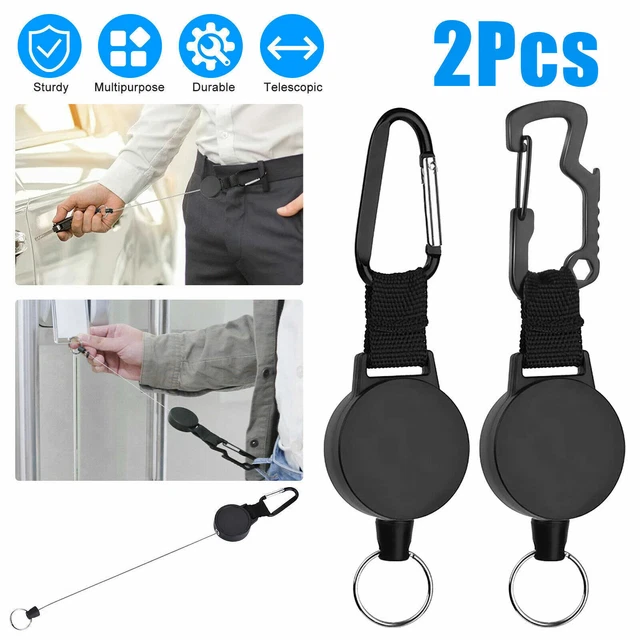 2x Retractable Key Tool Reel Holder Steel Clip KeyChain Key Ring Belt Heavy Duty