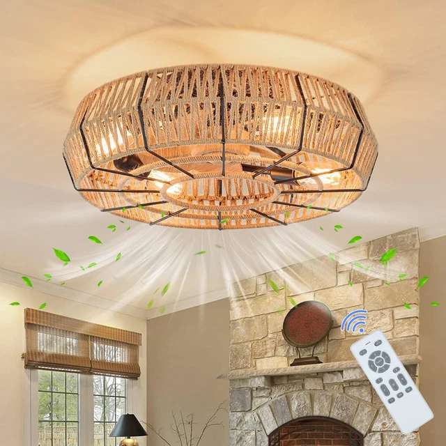 Farmhouse Caged Ceiling Fan with Lights Remote Control, Low Profile Bedroom Fan