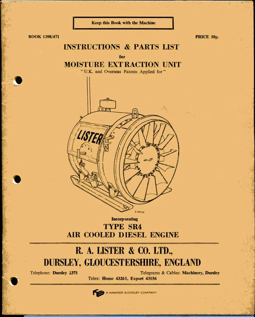 LISTER SR4 AIR Cooled Diesel Engine 1971 Instruction Book & Parts List