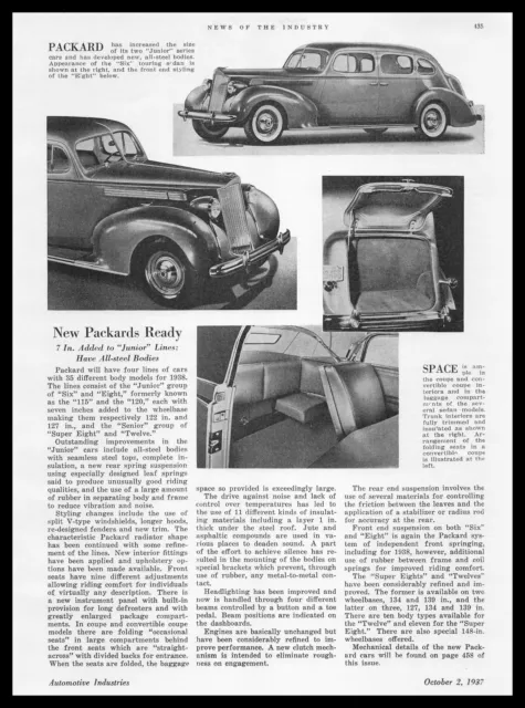 1938 Packard Six Touring Sedan & Eight All-Steel Body Photos Article Print Ad