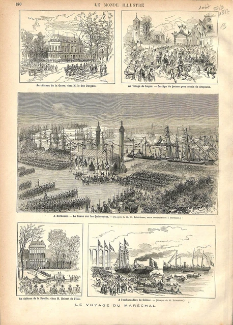 Voyage de Mac-Mahon Château de la Grave/ Village de Lugon/ Bordeaux GRAVURE 1877