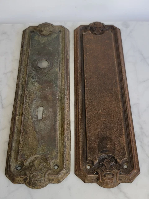 Antique Set Of 2 Pocket Door Plates Cast Metal Large 10-7/8" Long Salvage