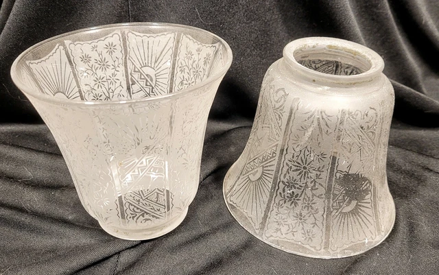 2 Antique Acid Etched Glass Lamp Shade Victorian Gasolier Art Nouveau Deco Pair