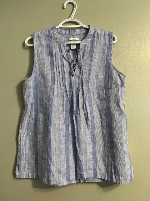 CC California Womens 100% Linen Sleeveless Blue Stripes Top Blouse M