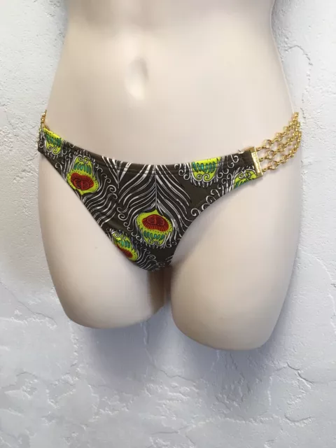 L*Space Monica Wise Peacock Feather Print Chain Strap Bikini Bottoms XS NWT