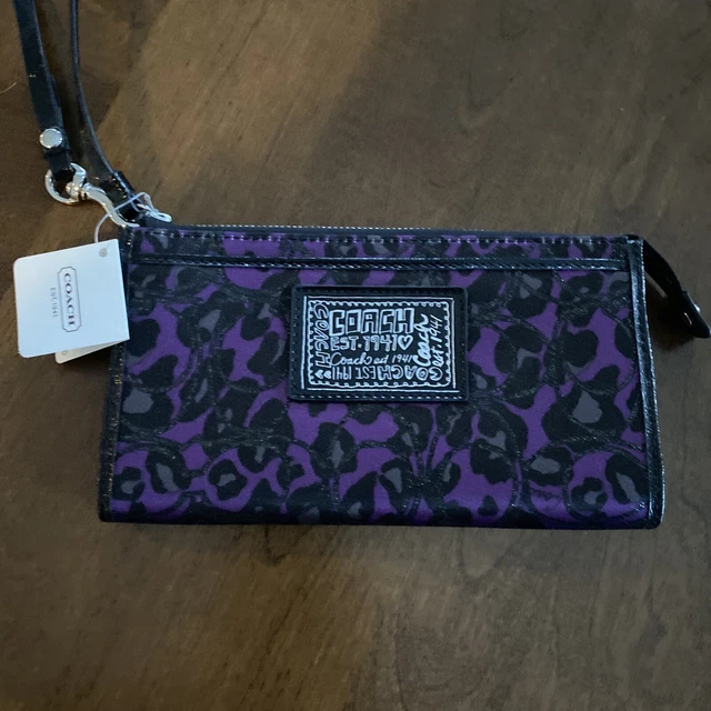NEW Coach Poppy Daisy Ocelot Wristlet Wallet Pouch Black Purple Graffiti NWT
