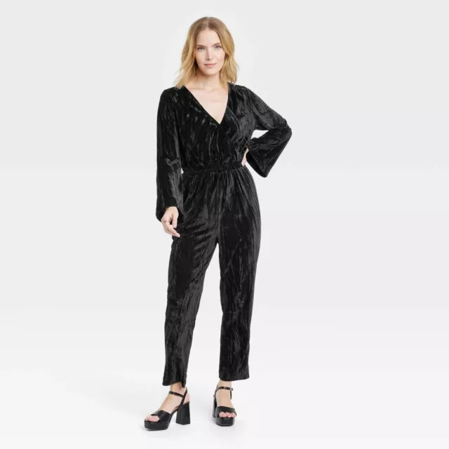 Women's Bell Long Sleeve Velour Jumpsuit - A New Day - Black Size Medium