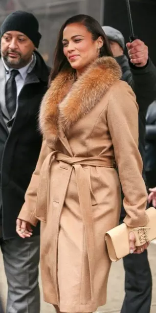 ELLEN TRACY 6P Coat Blue Fox Fur Trim Belted Carmel Wool Blend $495
