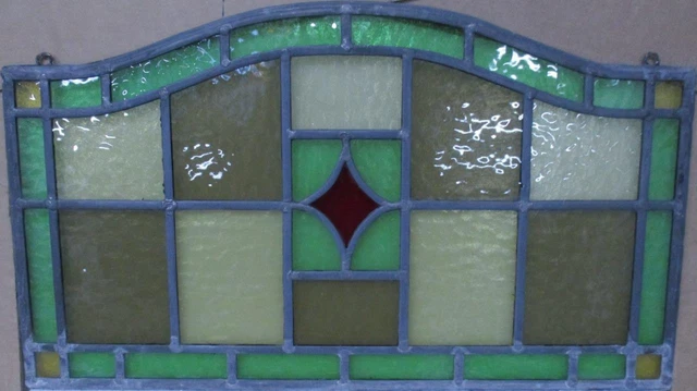 OLD ENGLISH LEADED STAINED GLASS WINDOW Unframed Pretty Geometric 24.25" X 14"