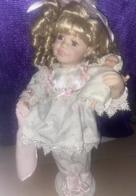 victorian collection melissa jane porcelain doll, blonde curly hair in white