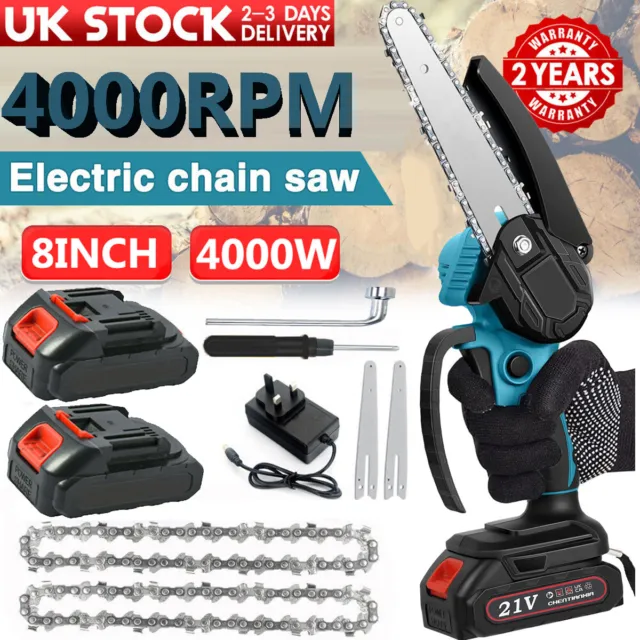 2 Batteries 8'' 4000W Mini Cordless Chainsaw Electric One-Hand Saw Wood Cutter