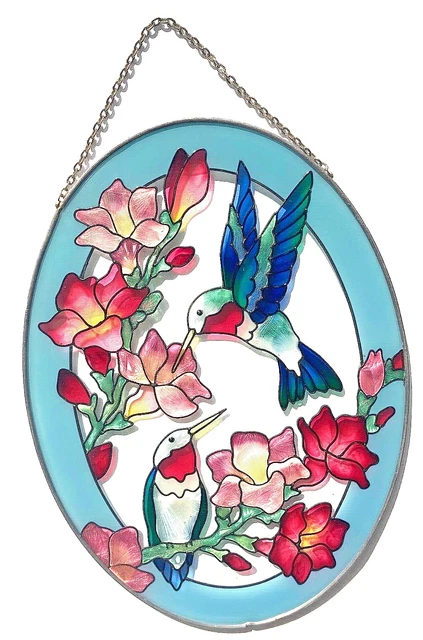 Hummingbirds Sun Catcher Stained Glass  Hand Painted Flowers 8.75" High Vintage