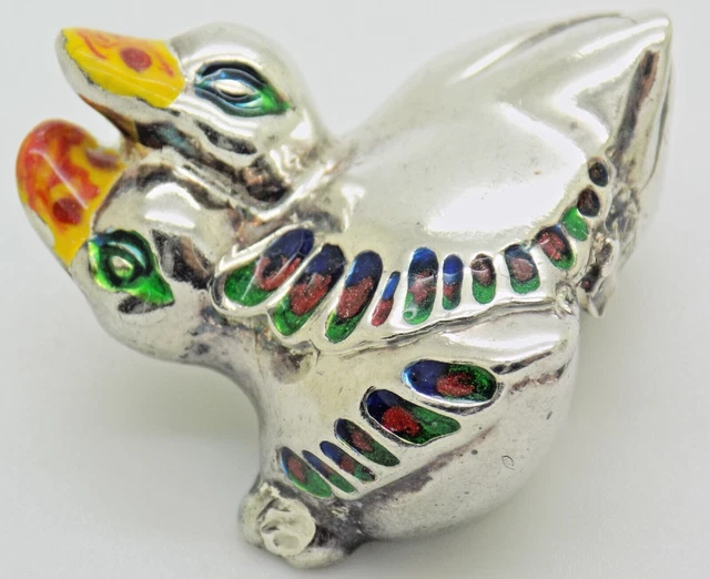 Vintage Argento Sterling 925 Italiano Fatto a Mano Smaltato Anatre Statuina
