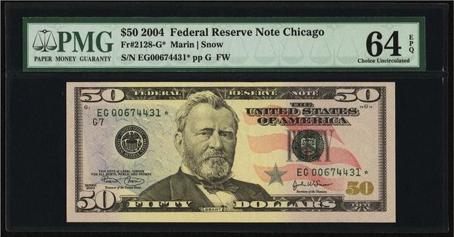 2004 $50 STAR fancy serial Federal Reserve Note Fr 2128-G* CHICAGO PMG 64 EPQ