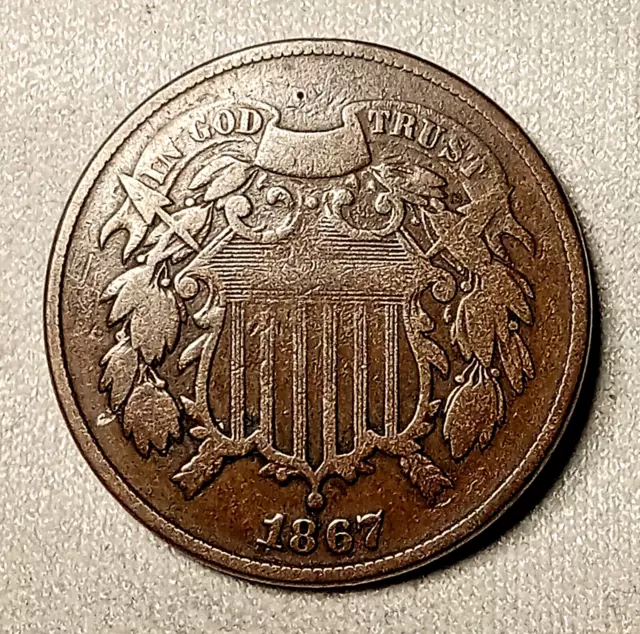 1867 Two Cent Copper Piece, 2c U.S. Civil War Period Odd Type Coin