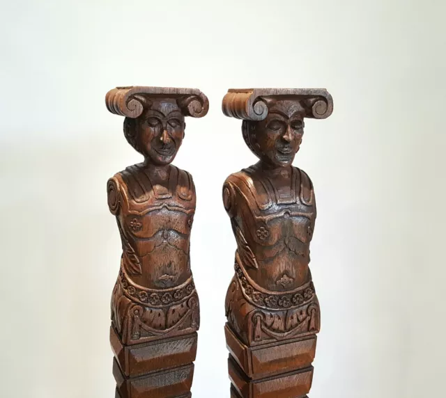 Fine pair antique carved oak caryatids, early 20th Century, 17th Century style.