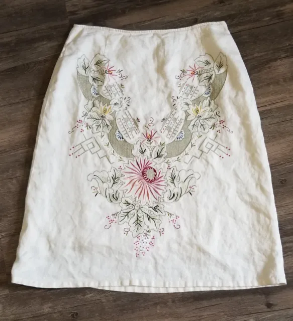Liz Claiborne A Line Linen Skirt Women's Size 10 Cream Floral Embroidered