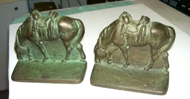 Vintage Pair Cast Iron Bronze Brass Finish Bookends Saddled Grazing Horses