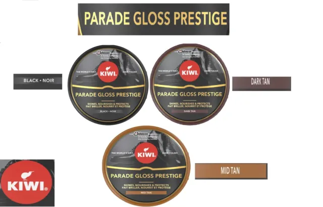 Kiwi Gloss Polish Parade Shoe Prestige Black, Brown, Neutral, Dark Tan Can 50ml