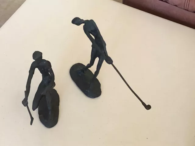 2 Vintage Bronze Brutalist Abstract Golfers Sculpture Mid Century Modern