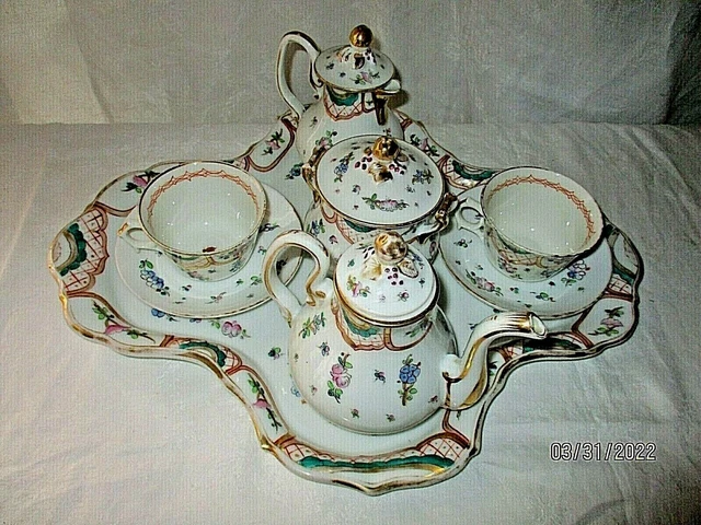 SUPERBE ANCIEN SERVICE A CAFE TETE A TETE PORCELAINE DE PARIS DECOR MAIN XIX ème