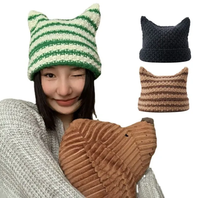 Hiver Rayé Bonnet tricoté en laine Chapeau japonais Beanie Ins Petit Diable