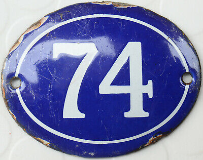 Old blue oval French house number 74 door gate plate plaque enamel steel sign