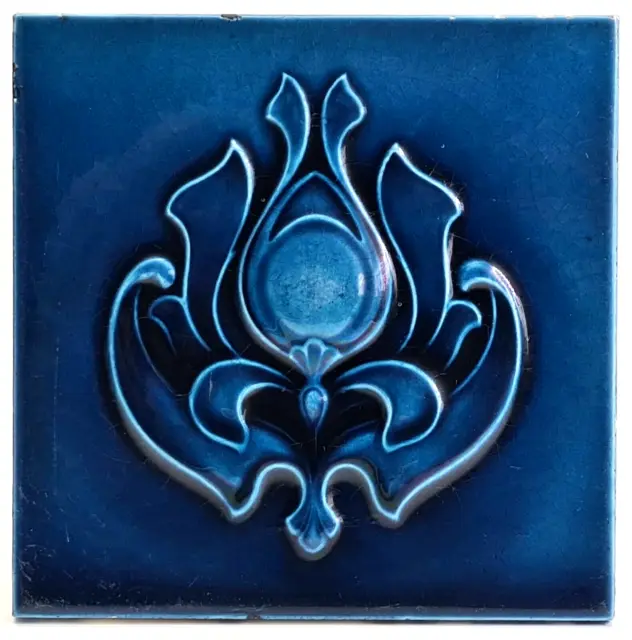 Antique Fireplace Tile Blue Moulded Majolica C1900