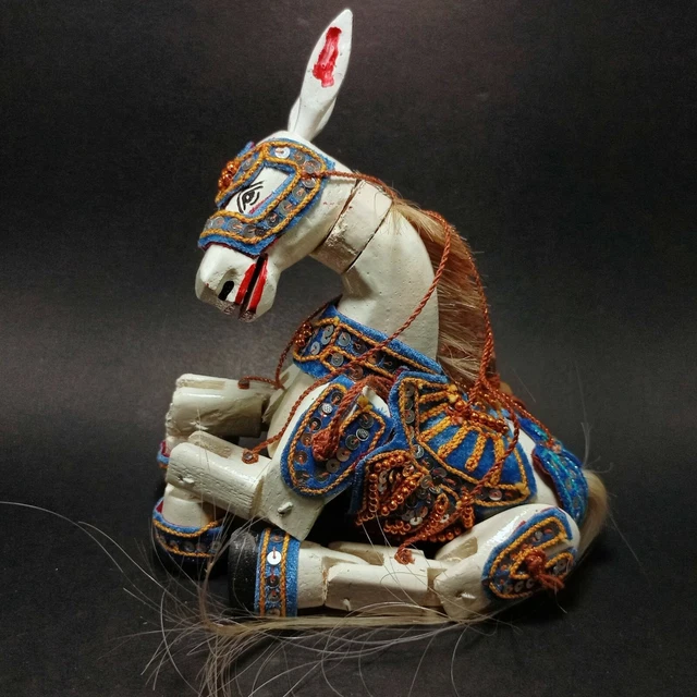 Burmese Horse Wooden Marionette String Puppet Saddle Asian Craft Doll Toy Blue