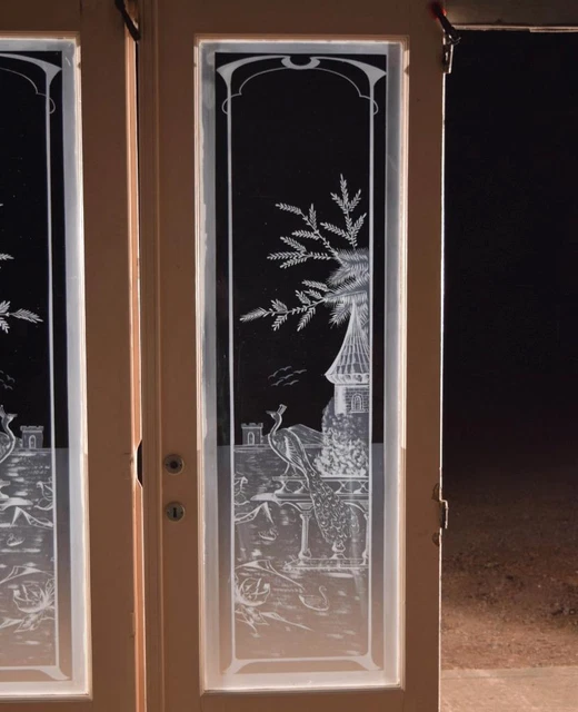*Pair of Antique French Etched Glass Doors Frosted Glass w/Peacocks Salvage 3