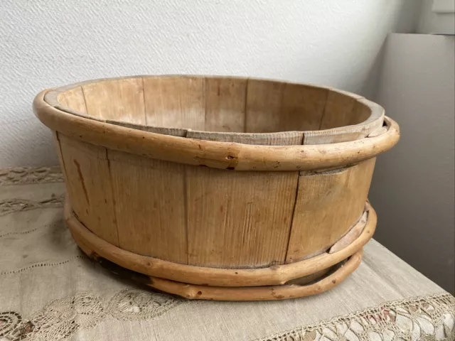 Ancien Baquet En Bois Art Populaire Deco Rétro Bac Rond Bassine Panier