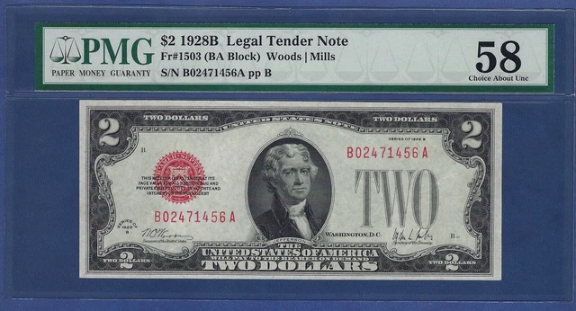 "Key Note" 1928B $2  Fr-1503  ♚♚Red-Seal♚♚  Pmg Ch About Unc 58   Rare Note !!!